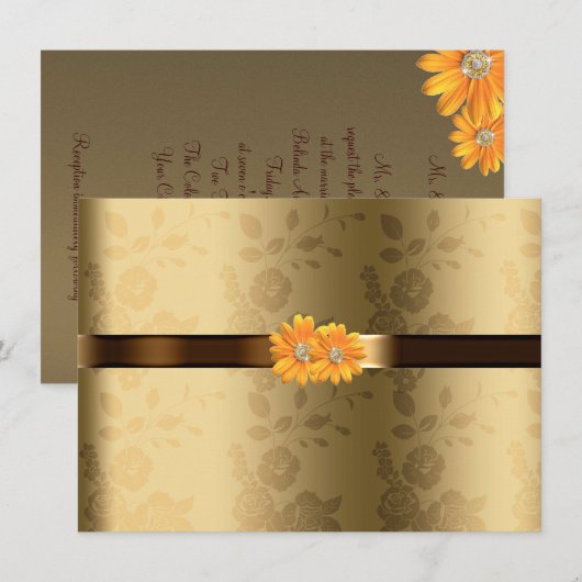 Goud & Chocoladebruin, Gele Bloemen Bruiloft Kaart (Voorkant / Achterkant)