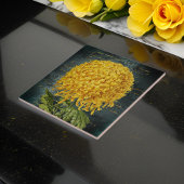 Goud Chrystanthemum op Blauwgroen Damast en Handsc Tegeltje