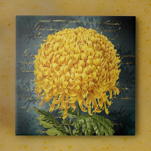 Goud Chrystanthemum op Blauwgroen Damast en Handsc Tegeltje