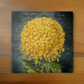 Goud Chrystanthemum op Blauwgroen Damast en Handsc Tegeltje