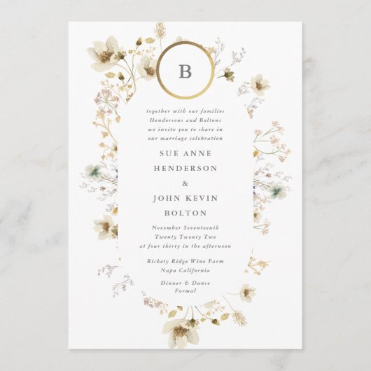 Goud Cirkel Monogram Ovaal Gedroogde wilde bloem Kaart (Voorkant)
