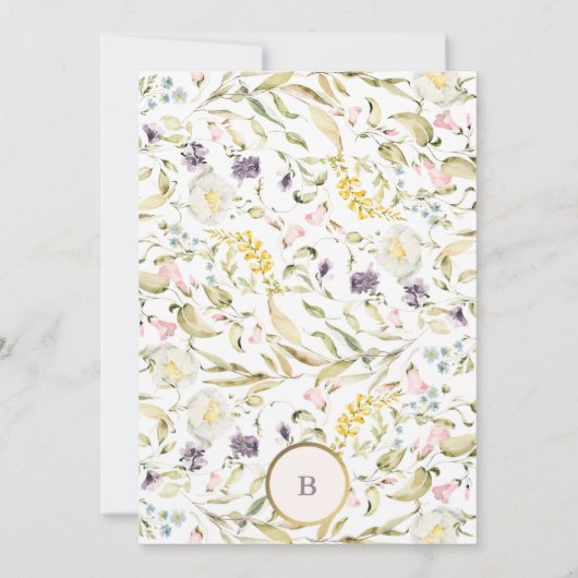Goud Cirkel Monogram Wildflower Oval Weddenschap Kaart (Achterkant)