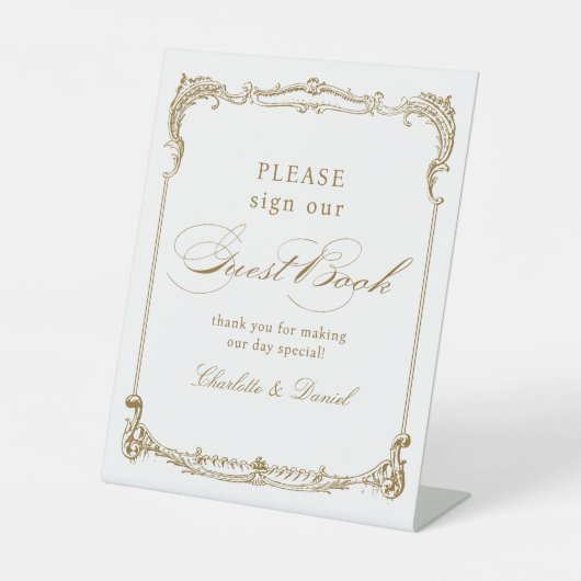 Goud Classic Script Bruiloft Gastenboek Reclamebord Met Voetstuk (Voorkant)