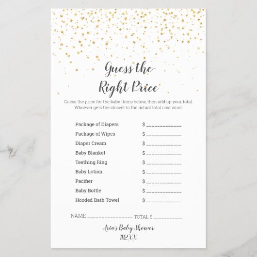 Goud Confetti Baby shower RaadDe juiste prijs Flyer (Voorkant)