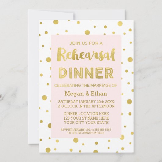 Goud Confetti Blush Roze Repetitie Diner Party Kaart (Achterkant)