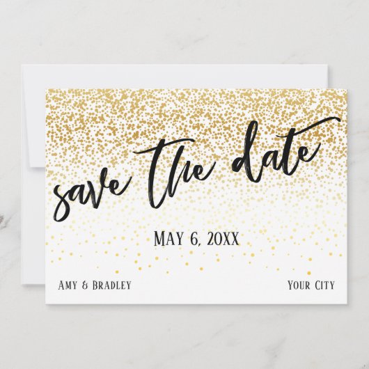 Goud Confetti Casual Handschrift Bruiloft Save The Date (Voorkant)
