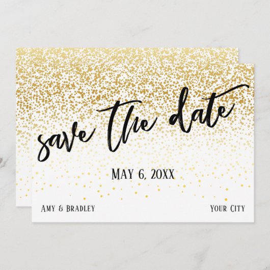 Goud Confetti Casual Handschrift Bruiloft Save The Date (Voorkant / Achterkant)