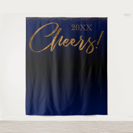 Goud Confetti "Cheers!" 2 jaar blauwe achtergrond Wandkleed (Voorkant)