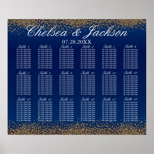 Goud Confetti en marineblauw - 18 Zitschema Poster (Voorkant)