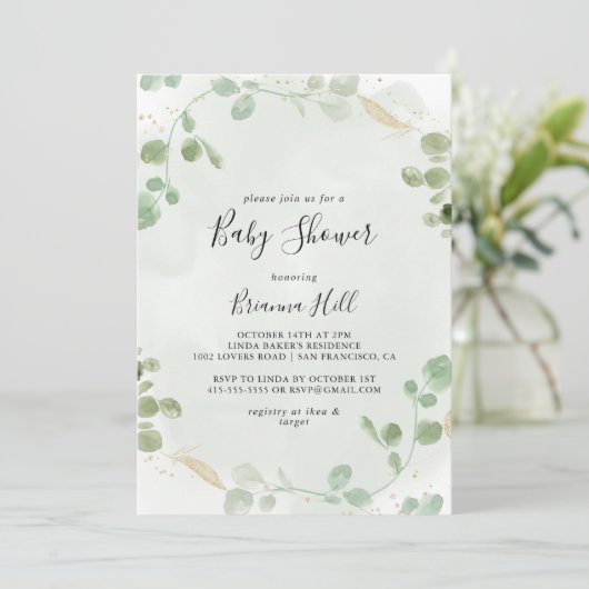 Goud Confetti Eucalyptus Foliage Baby shower Kaart (Staand voorkant)
