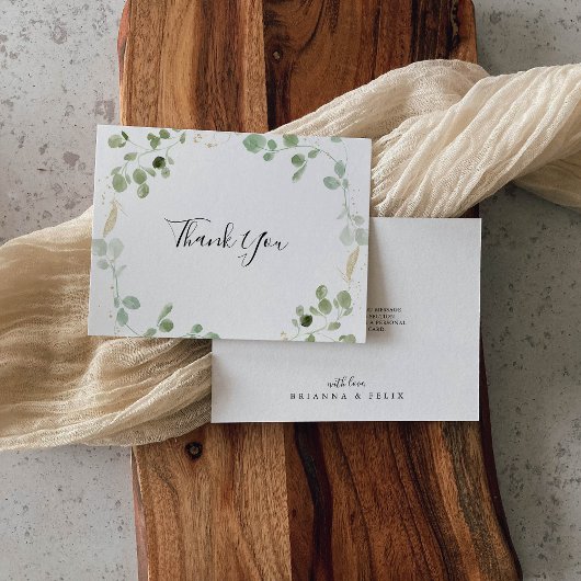 Goud Confetti Eucalyptus Foliage Flat Wedding Bedankkaart