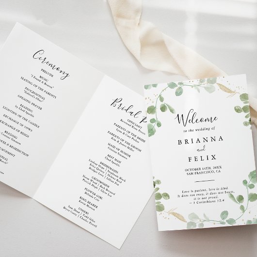 Goud Confetti Eucalyptus Foliage Folded Wedding Programma