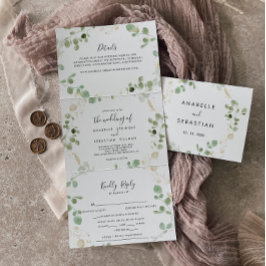 Goud Confetti Eucalyptus Foliage Trifold Weddensch Drieluik Uitnodiging