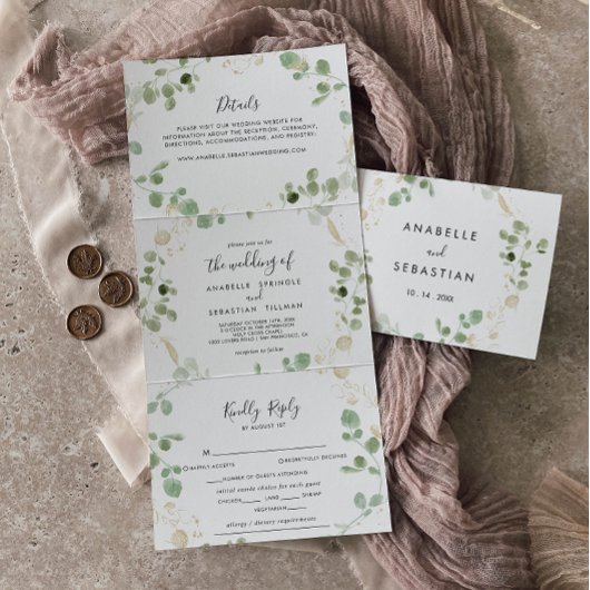 Goud Confetti Eucalyptus Foliage Trifold Weddensch Drieluik Uitnodiging