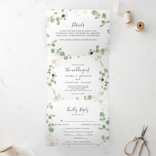 Goud Confetti Eucalyptus Foliage Trifold Weddensch Drieluik Uitnodiging (Binnen)