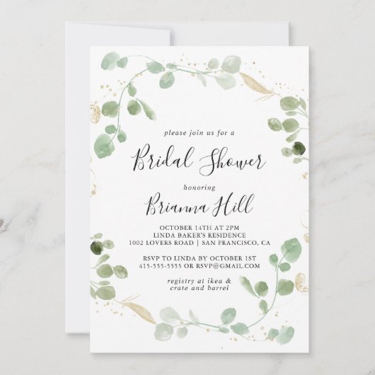 Goud Confetti Eucalyptus Foliage Vrijgezellenfeest Kaart (Voorkant)