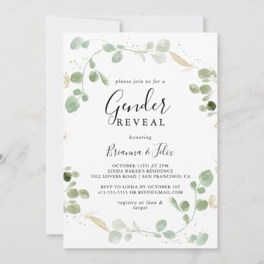 Goud Confetti Eucalyptus Gender Rebability Party Kaart (Voorkant)