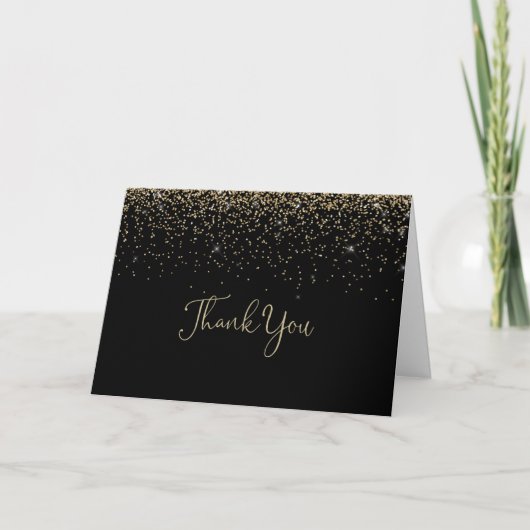 Goud Confetti Fancy Script Gevouwen Bruiloft Bedankkaart (Voorkant)