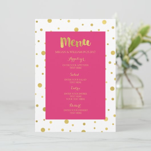 Goud Confetti Fuchsia Hot Roze Bruiloft Menu (Staand voorkant)