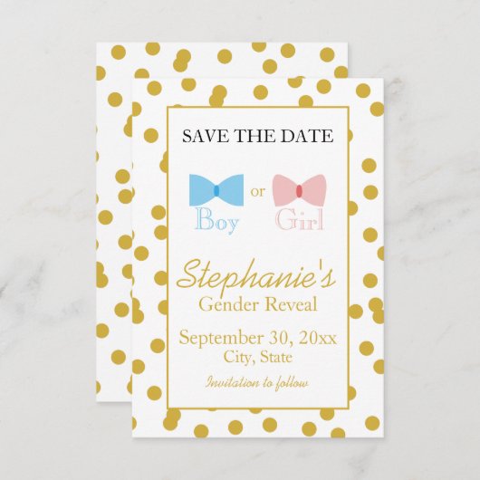 Goud Confetti Geslacht Bang en Stropdas Save The Date (Voorkant / Achterkant)