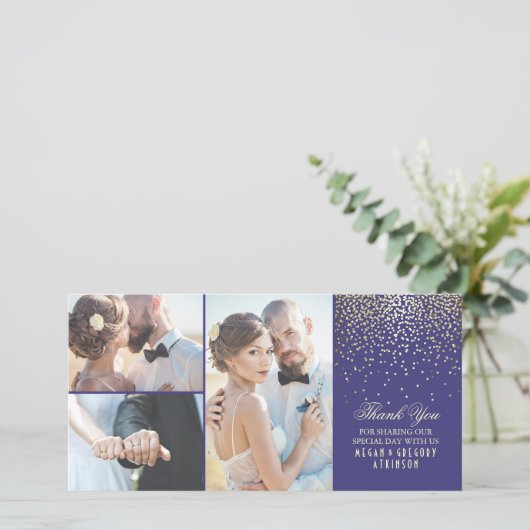 Goud Confetti Glamour Navy Trouw Dank Je Bedankkaart (Staand voorkant)