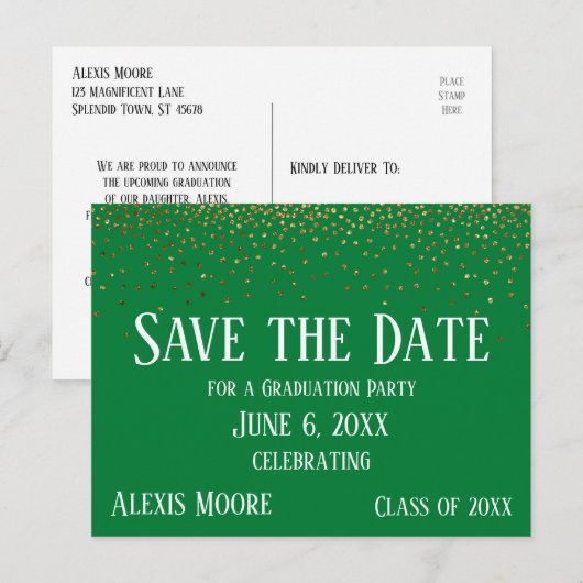 Goud Confetti Groen Afstuderen Save the Date Briefkaart (Voorkant / Achterkant)