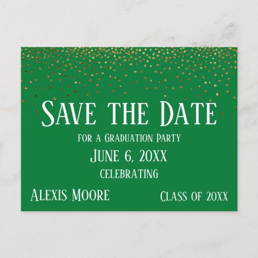 Goud Confetti Groen Afstuderen Save the Date Briefkaart (Voorkant)