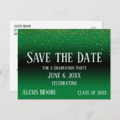 Goud Confetti Groen Afstuderen Save the Date Briefkaart (Voorkant / Achterkant)
