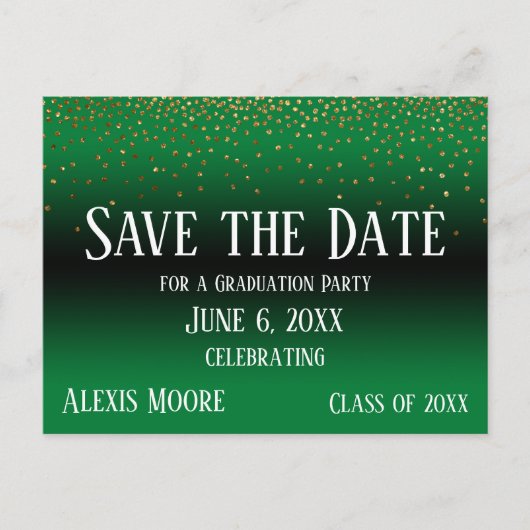 Goud Confetti Groen Afstuderen Save the Date Briefkaart (Voorkant)