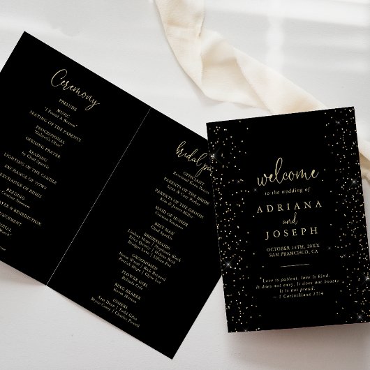 Goud Confetti kalligrafie script gevouwen bruiloft Programma