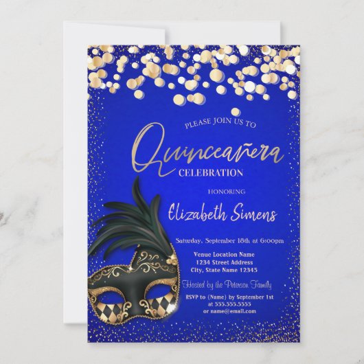 Goud Confetti Masque Royal Blue Quinceañera Kaart (Voorkant)
