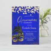 Goud Confetti Masque Royal Blue Quinceañera Kaart (Staand voorkant)