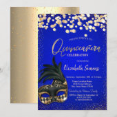 Goud Confetti Masque Royal Blue Quinceañera Kaart (Voorkant / Achterkant)