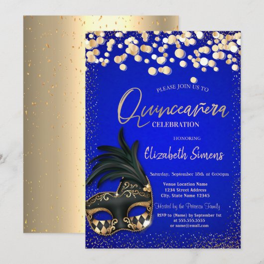 Goud Confetti Masque Royal Blue Quinceañera Kaart (Voorkant / Achterkant)