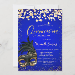Goud Confetti Masque Royal Blue Quinceañera Kaart