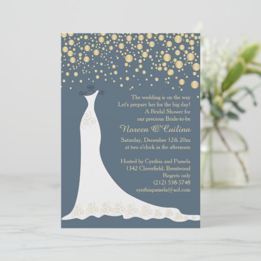 Goud confetti, met grijs blauw Vrijgezellenfeest Kaart (Staand voorkant)