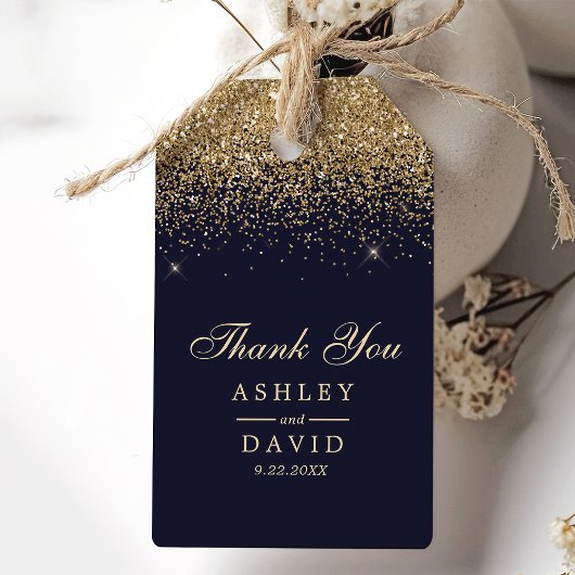 Goud Confetti Navy Blue bruiloft gunst Cadeaulabel