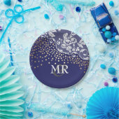 Goud Confetti Navy Lace Wedding Monogram Papieren Bordje (Feest)