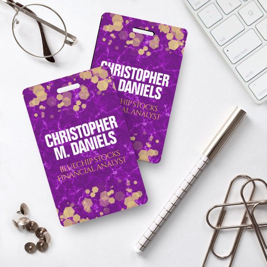 Goud-Confetti op Paarse ID-marmer Badge