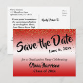 Goud Confetti Rood Afstuderen Save the Date Briefkaart (Voorkant / Achterkant)