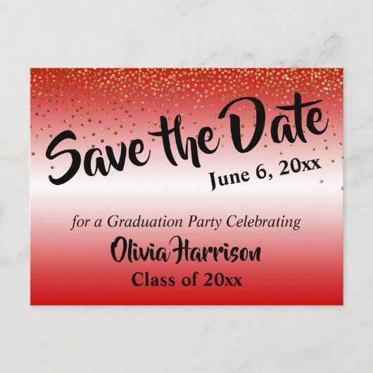 Goud Confetti Rood Afstuderen Save the Date Briefkaart (Voorkant)