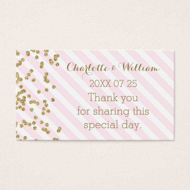 Goud Confetti Roze Strepen Bruiloft Favor Labels Visitekaartjes (Voorkant)
