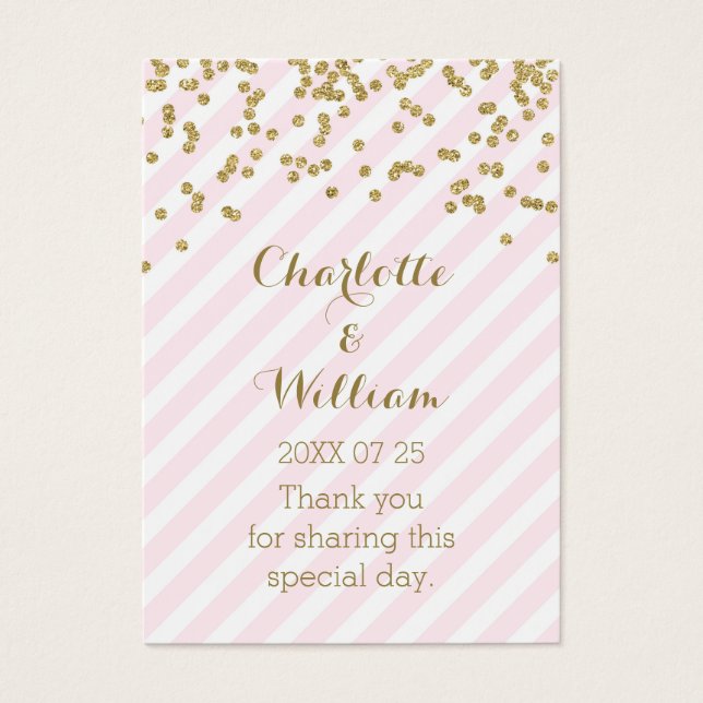 Goud Confetti Roze Strepen Bruiloft Favor Labels Visitekaartjes (Voorkant)