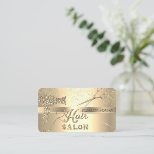 Goud Confetti, schaar, haardroger Visitekaartje (Staand voorkant)