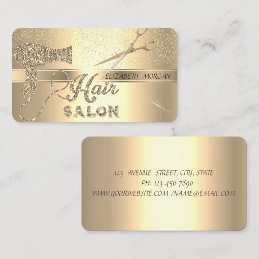 Goud Confetti, schaar, haardroger Visitekaartje (Voorkant / Achterkant)