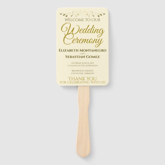 Goud & Cream Elegant Bloeiend Huwelijksprogramma Handwaaier (Voorkant)