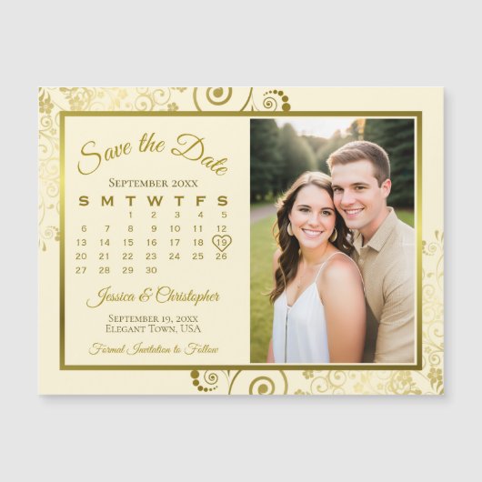 Goud & Crème Kalender & Foto Sla de datummagneet o Magnetische Uitnodiging (Voorkant)