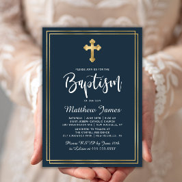 Goud Cross Modern Script Marine Blauw Jongen Doop Kaart