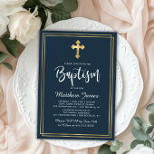 Goud Cross Modern Script Marine Blauw Jongen Doop Kaart