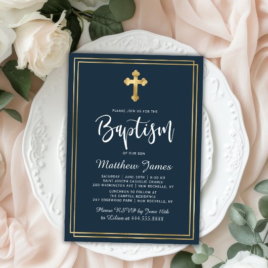 Goud Cross Modern Script Marine Blauw Jongen Doop Kaart